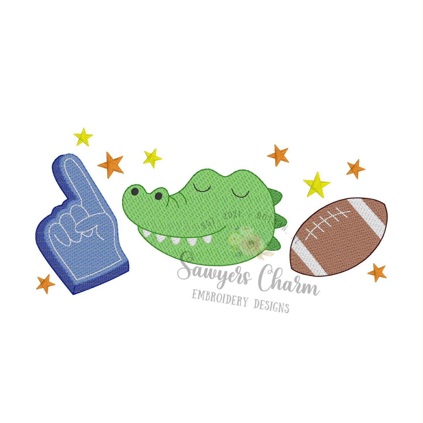Gator, foam finger, football trio sketch stitch embroidery design with stars, BUNDLE, with/without bow, fall sports mascot