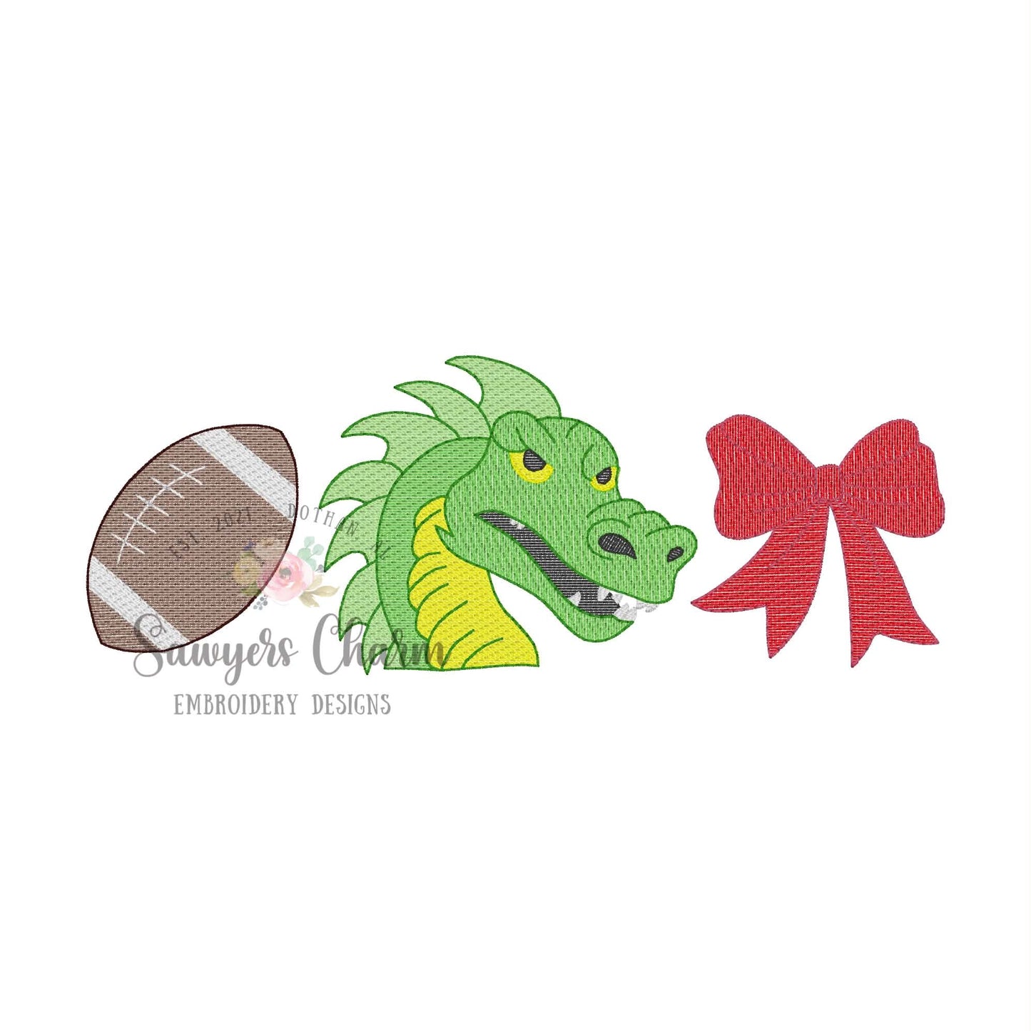 Dragon, football, coquette bow trio, sketch stitch embroidery design, fall sports mascot, cheer, dance