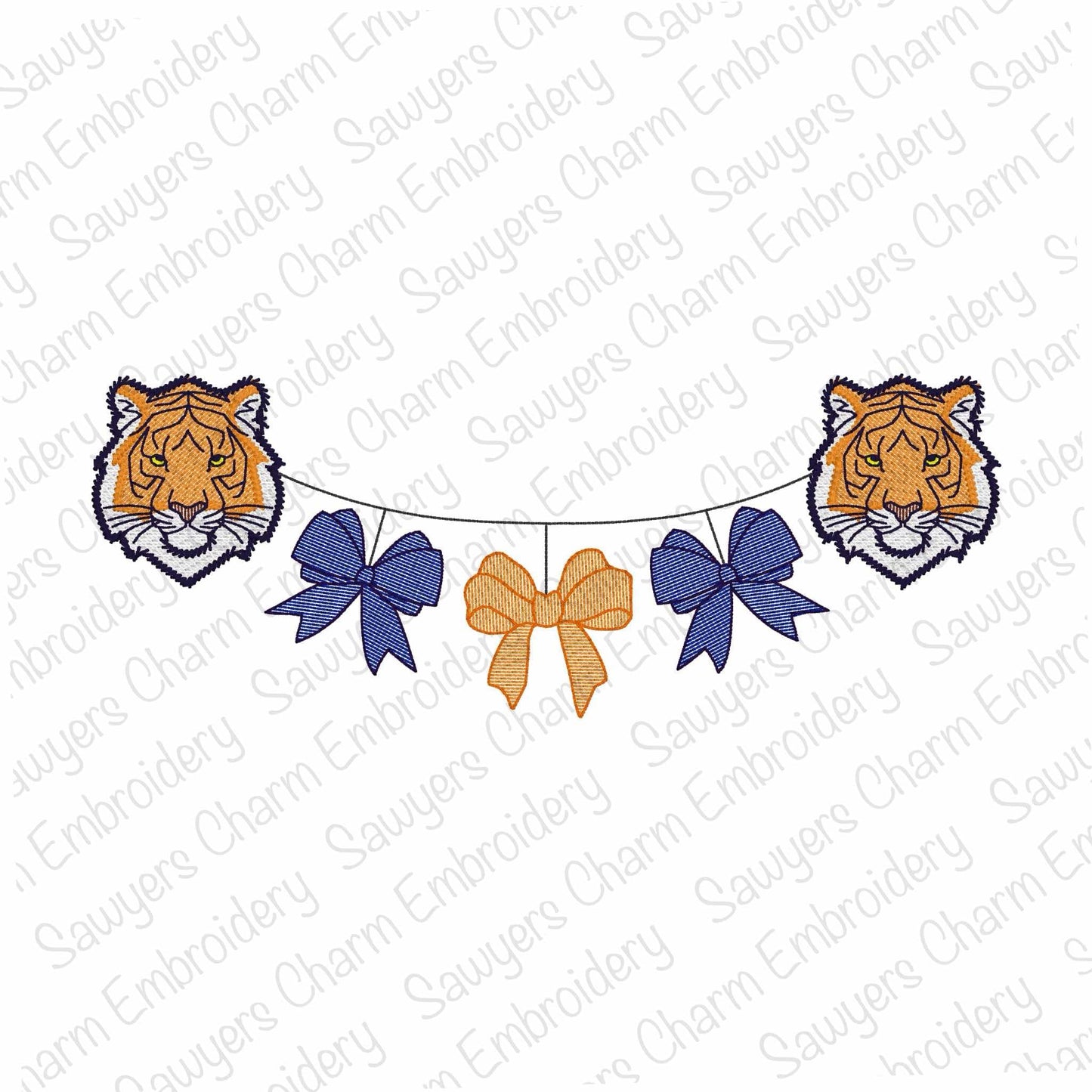 Tiger face & coquette bows bunting banner sketch stitch machine embroidery design, college university, fall sports fan, cheerleading, dance