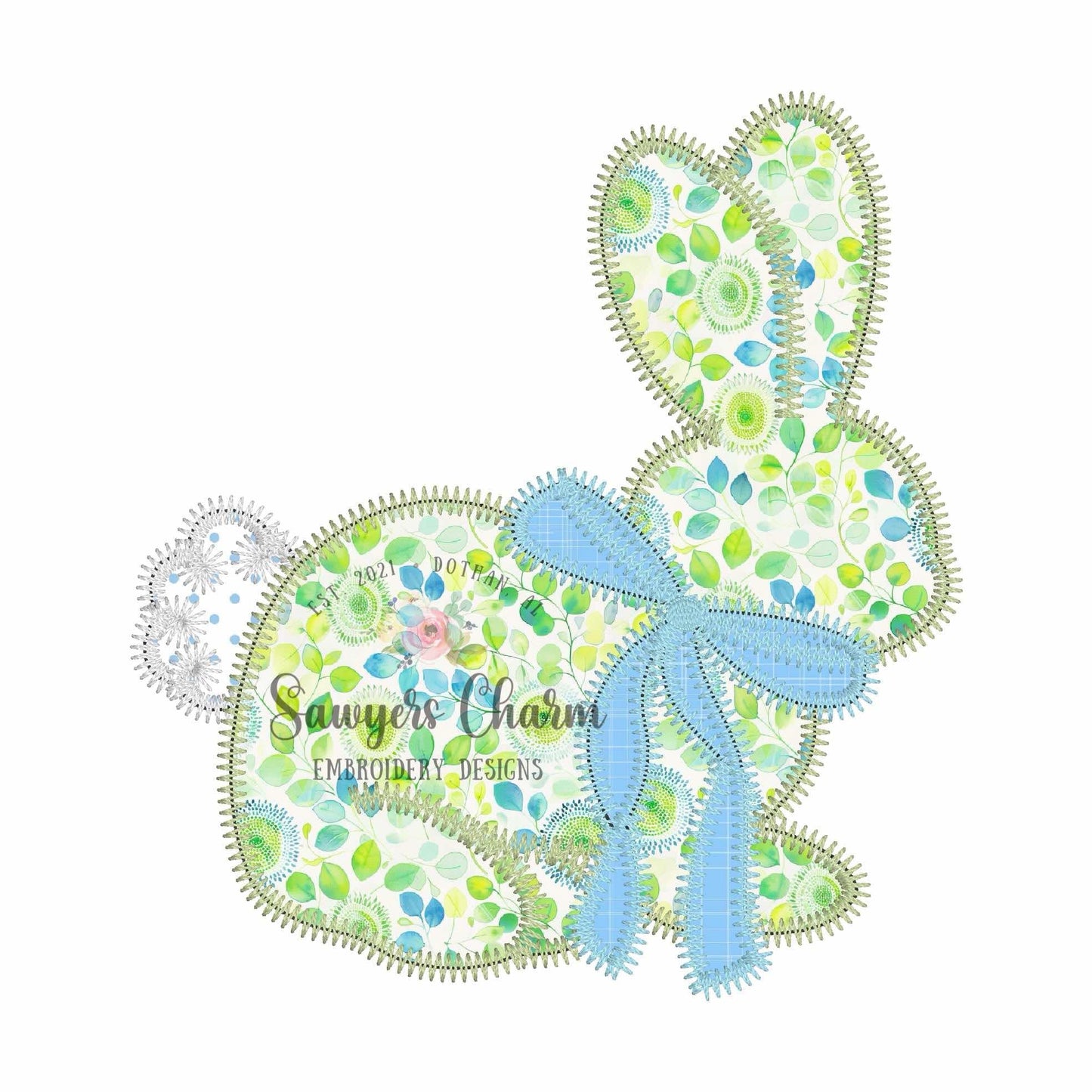 Bunny rabbit with coquette bow zig zag stitch machine applique embroidery design, Easter & spring