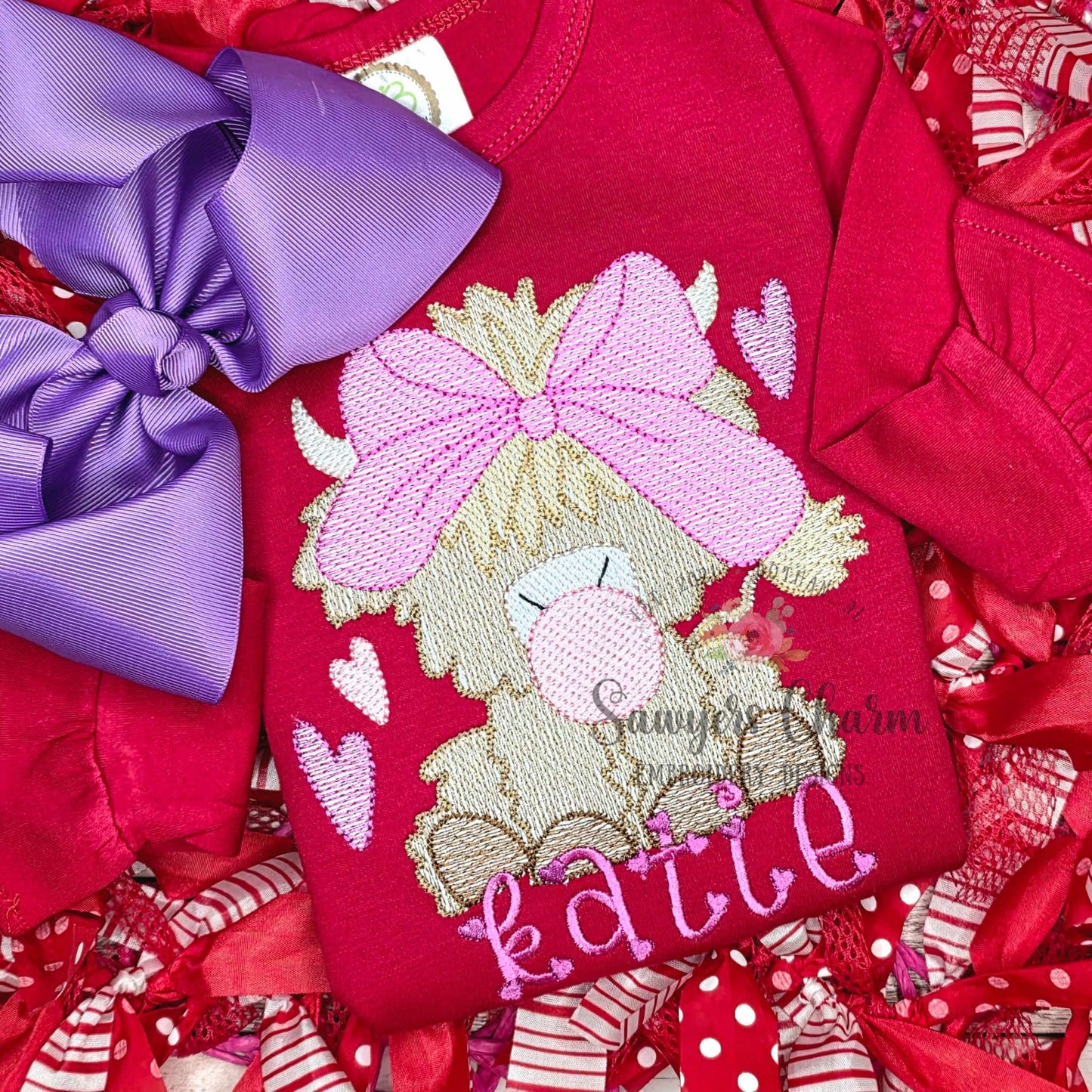 Highland cow with bow & hearts chewing gum sketch stitch machine applique embroidery design file, Valentine's Day, love, coquette farm girl