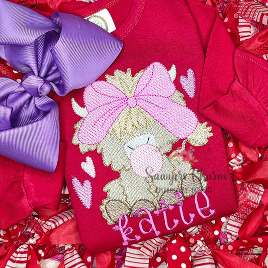 Highland cow with bow & hearts chewing gum sketch stitch machine applique embroidery design file, Valentine's Day, love, coquette farm girl