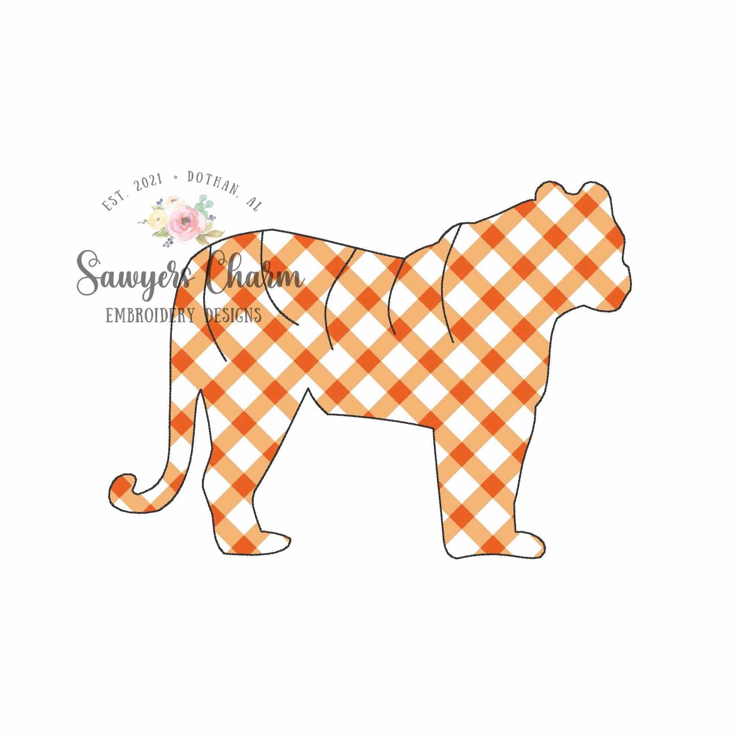 Tiger silhouette bean stitch applique, embroidery design, college university mascot, jungle/zoo animal