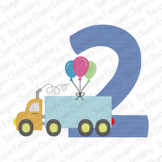 Number TWO semi big truck & balloons sketch stitch machine embroidery design, birthday party vehicle