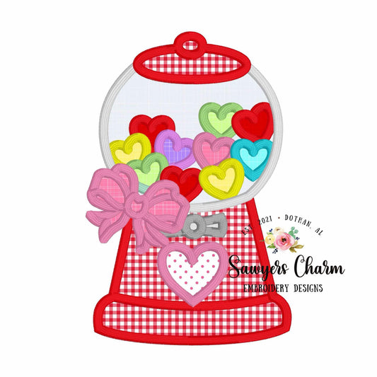 Heart gumball machine with coquette bow satin stitch machine applique, embroidery design, Valentine's Day candy