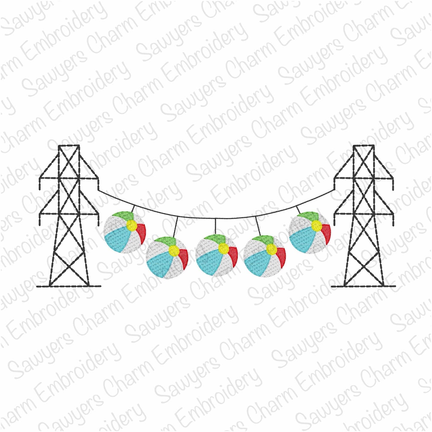 Transmission tower lineman beach balls bunting banner, sketch stitch machine embroidery design, summer vacation, power line