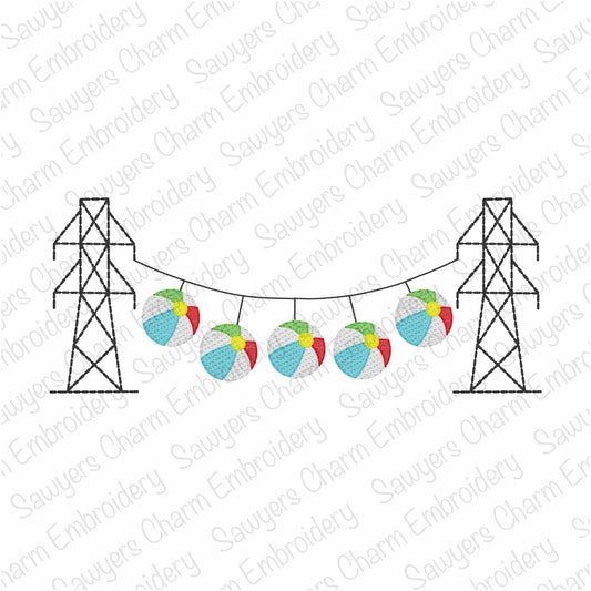 Transmission tower lineman beach balls bunting banner, sketch stitch machine embroidery design, summer vacation, power line