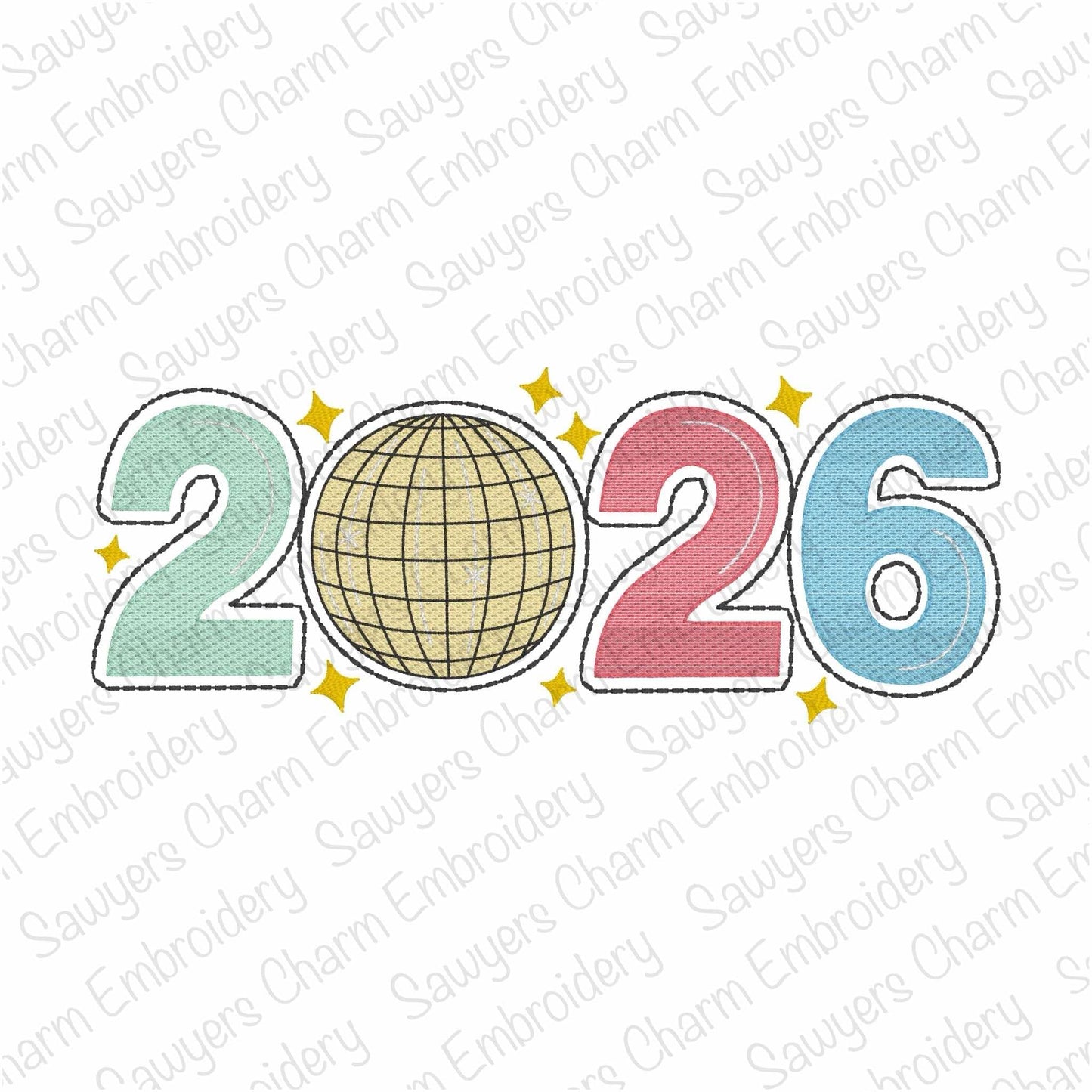 BUNDLE 2026 Disco ball sketch stitch machine embroidery design file, quick stitch, happy holidays, Happy New Year, celebration, party