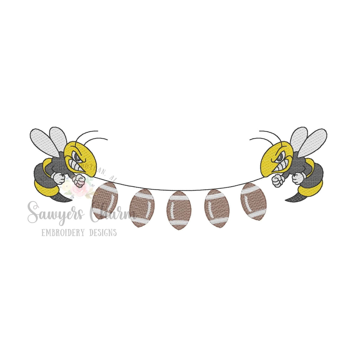 Yellow jacket mascot football bunting banner, sketch stitch embroidery design, fall sports, hornets