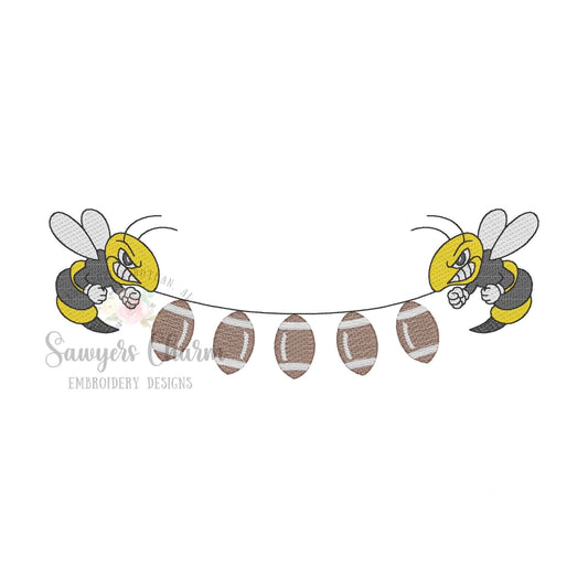 Yellow jacket mascot football bunting banner, sketch stitch embroidery design, fall sports, hornets