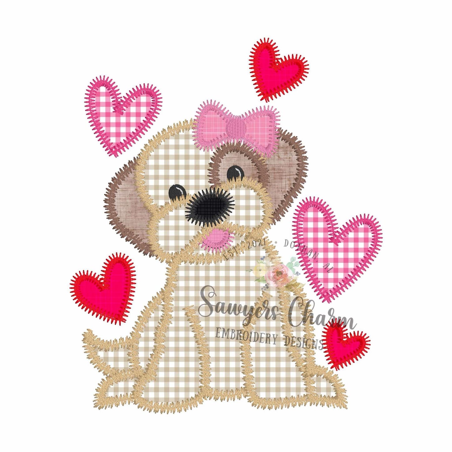 Puppy dog with coquette bow & hearts zig zag stitch machine applique embroidery design