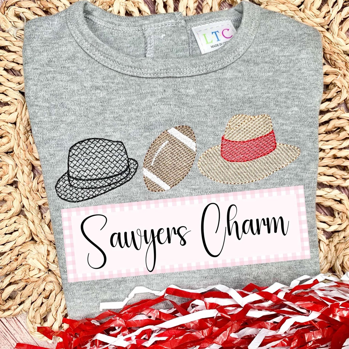 Hounds tooth hat, football, straw hat sketch stitch trio embroidery design file, quick stitch/bean stitch, college university sports legends