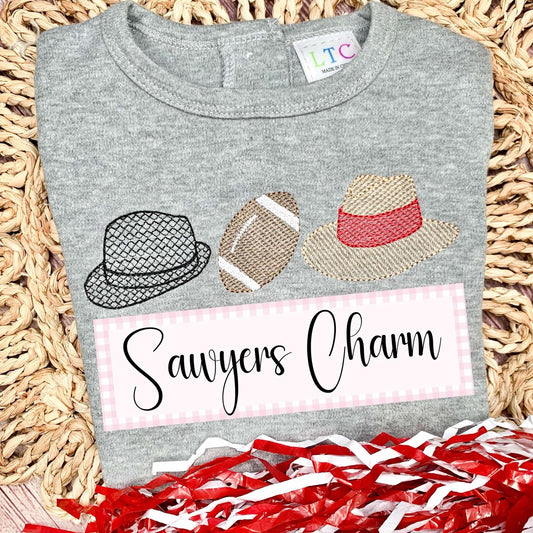Hounds tooth hat, football, straw hat sketch stitch trio embroidery design file, quick stitch/bean stitch, college university sports legends