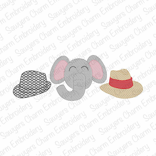 Hounds tooth hat, elephant mascot, straw hat sketch stitch trio, machine embroidery design, quick stitch, college university sports legends