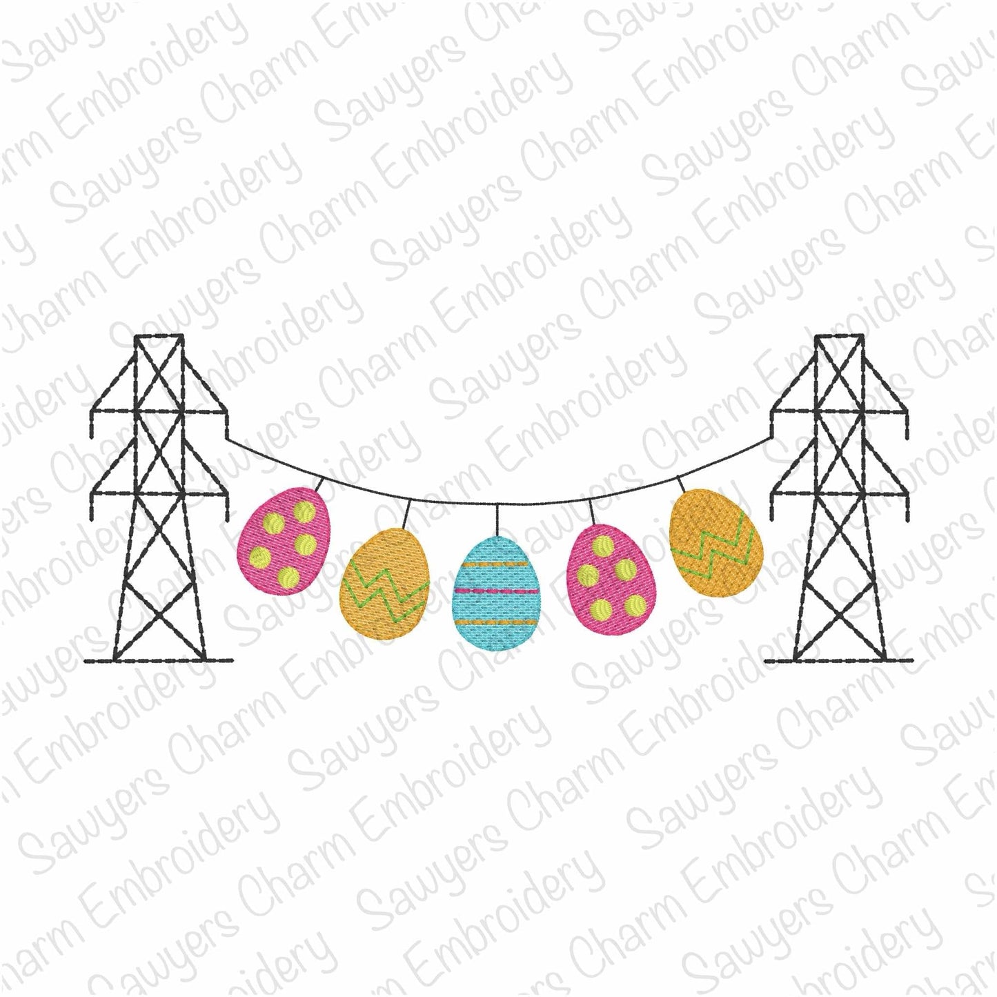 Transmission tower lineman Easter eggs bunting banner, sketch stitch machine embroidery design, spring egg hunt, power line