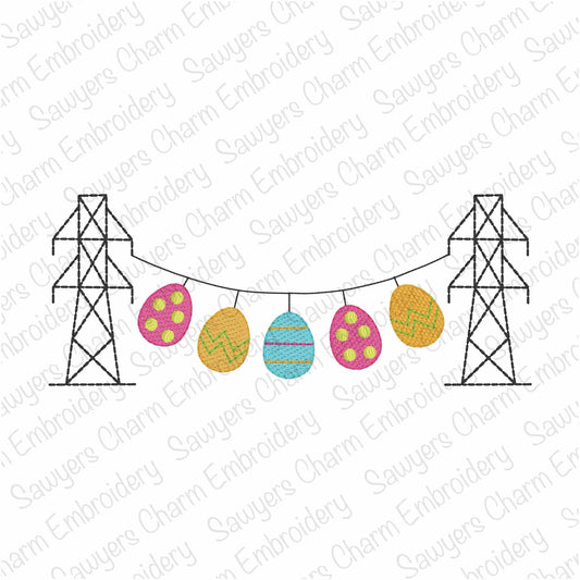Transmission tower lineman Easter eggs bunting banner, sketch stitch machine embroidery design, spring egg hunt, power line