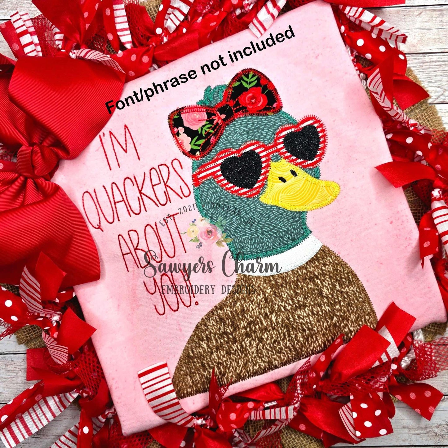 BUNDLE Valentine's Day Mallard duck with coquette bow and heart sunglasses bean & zig zag stitch machine applique embroidery design