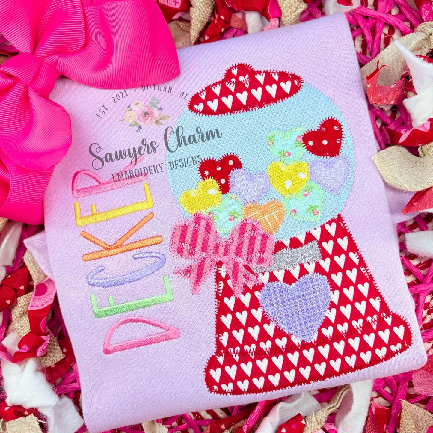 BUNDLE Heart gumball machine with bow zigzag & bean stitch machine applique embroidery design file, Valentine's Day, love, hugs and kisses
