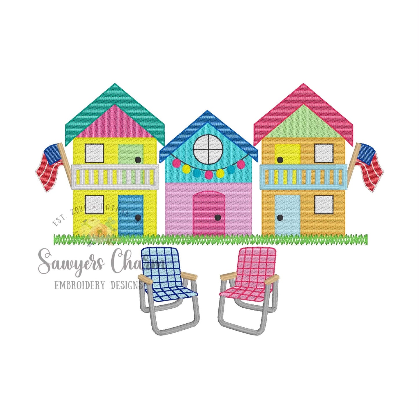 Cabins & lawn chairs sketch stitch machine embroidery design, county fair, American flag