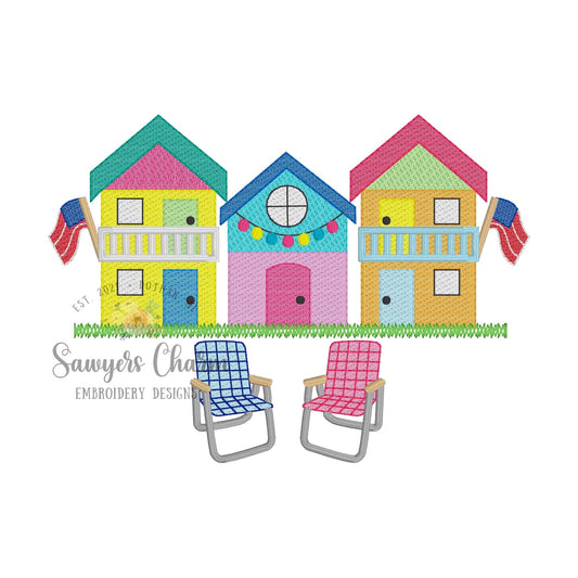 Cabins & lawn chairs sketch stitch machine embroidery design, county fair, American flag