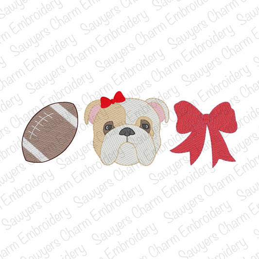 Embroidered design of a bulldog face with a red bow, football, and red bow on a white background.