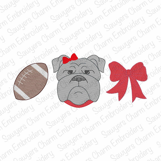 Embroidery design of a bulldog face with a red bow, football, and large red bow on a white background with 'Sauyer's Charm Embroidery' watermark.