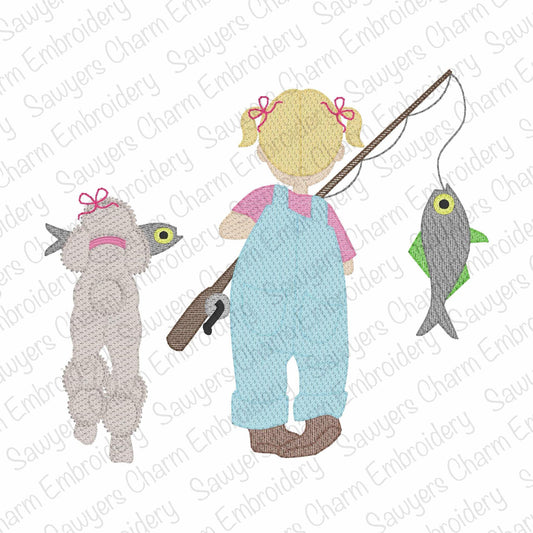 Embroidery design of a girl with a llama fishing on a white background.
