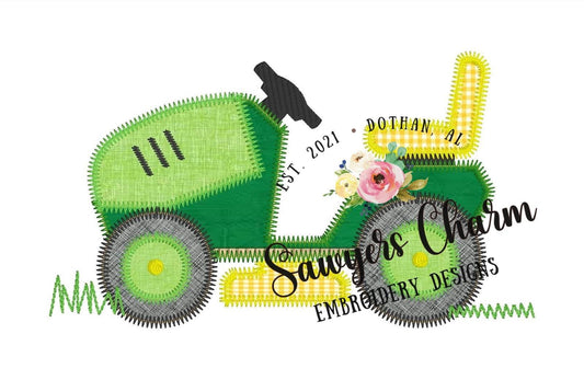 Riding lawn mower machine applique design embroidery file zig zag stitch sketch grass vintage stitch