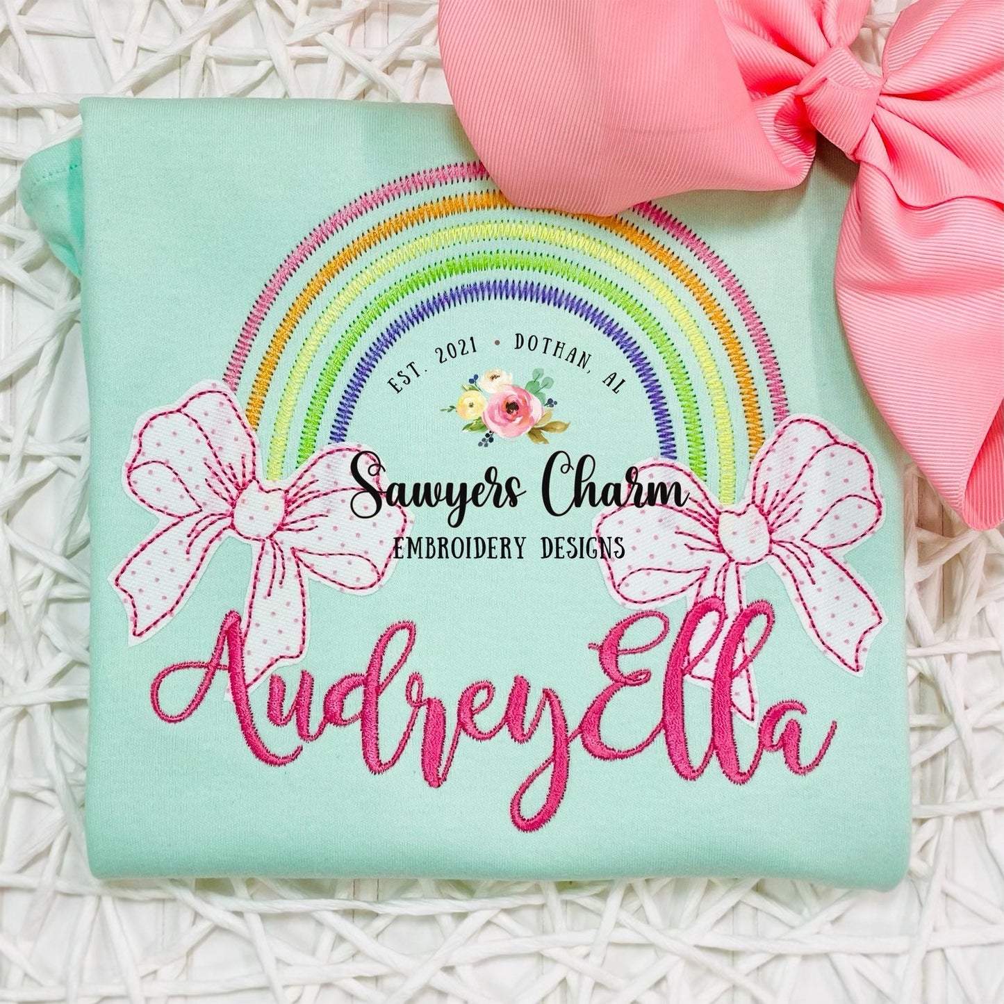 Boho rainbow zig zag with bean stitch applique bow machine embroidery design file, girls, girly, quick stitch