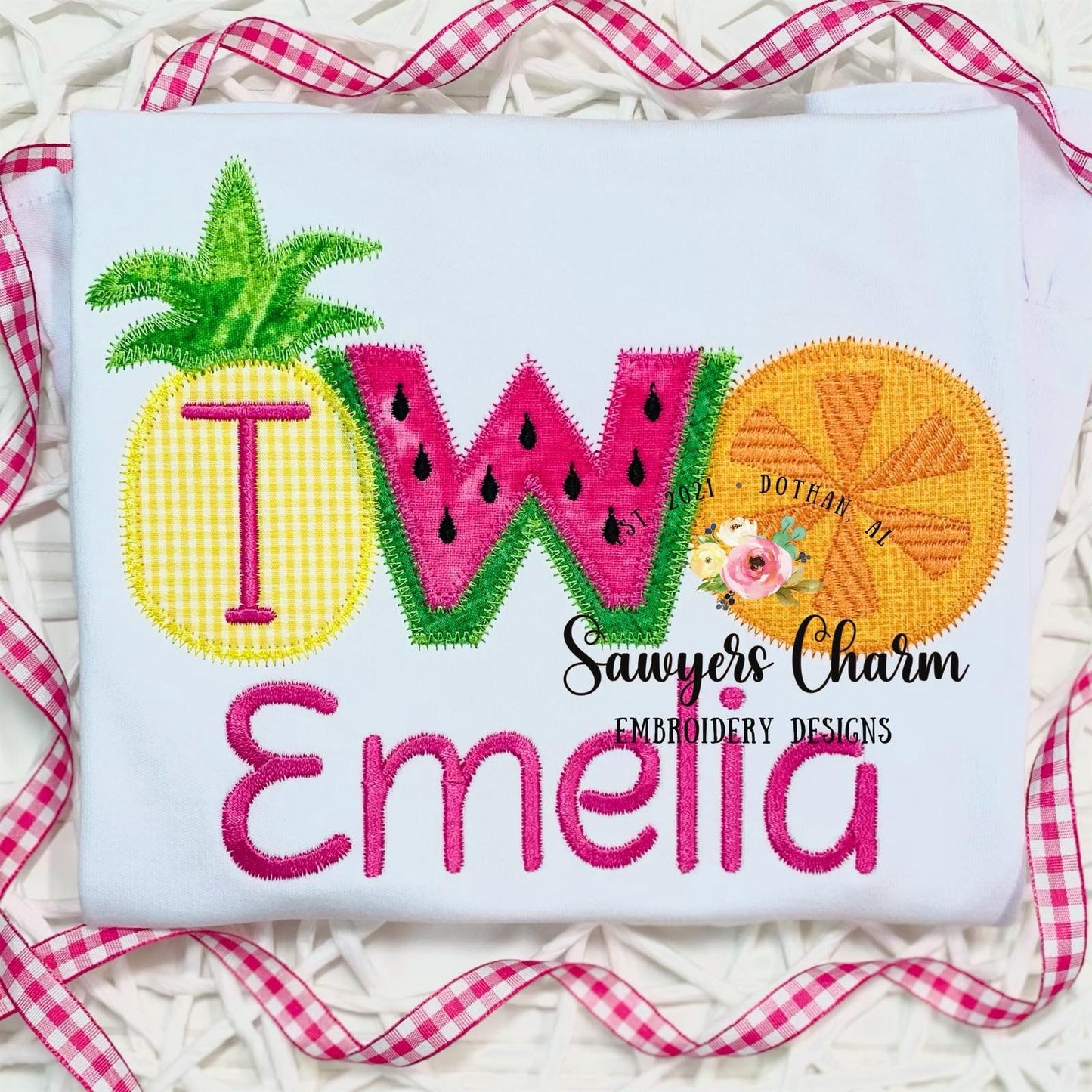 Two-tii fruity birthday pineapple watermelon citrus fruit summer zig zag applique, machine embroidery design file, party, quick stitch