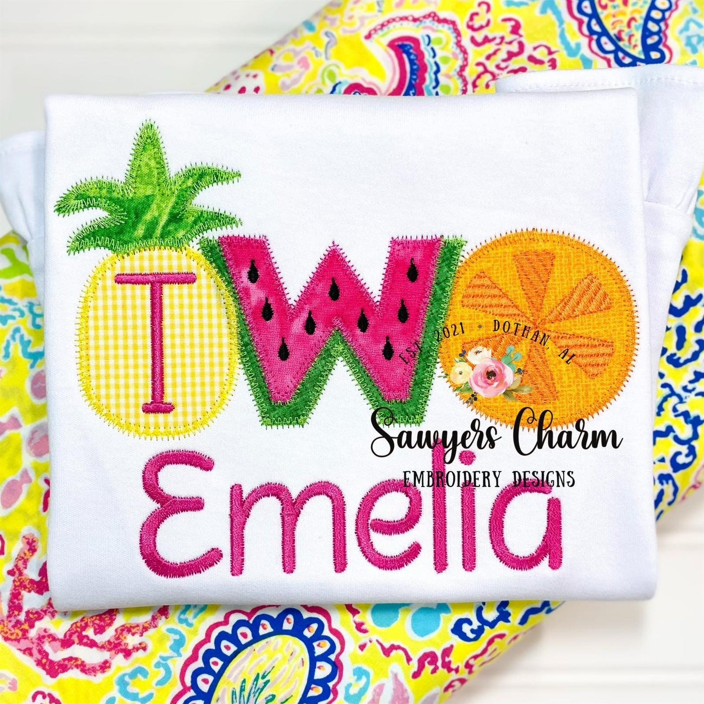 Two-tii fruity birthday pineapple watermelon citrus fruit summer zig zag applique, machine embroidery design file, party, quick stitch