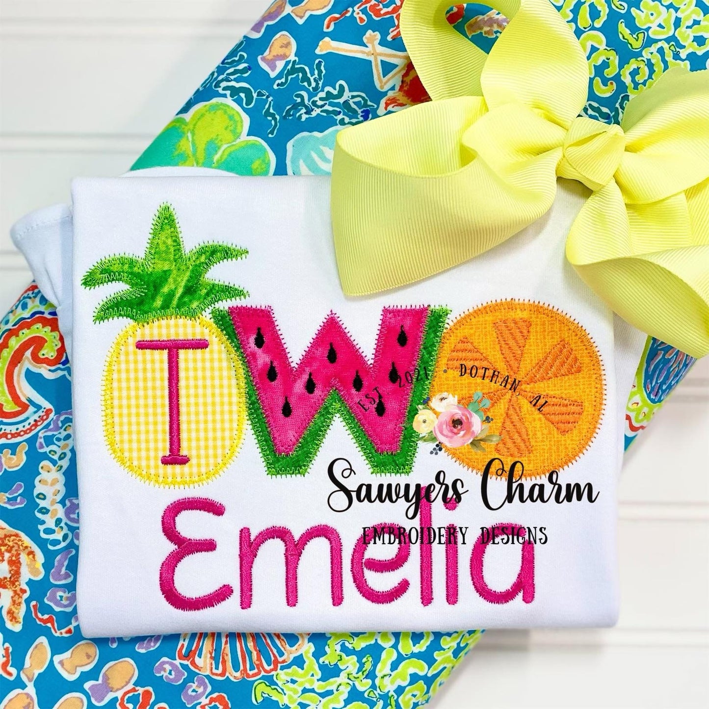 Two-tii fruity birthday pineapple watermelon citrus fruit summer zig zag applique, machine embroidery design file, party, quick stitch