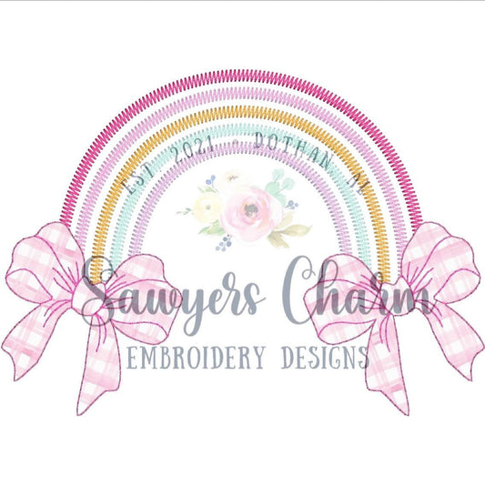 Boho rainbow zig zag with bean stitch applique bow machine embroidery design file, girls, girly, quick stitch