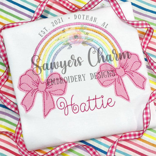 Boho rainbow zig zag with bean stitch applique bow machine embroidery design file, girls, girly, quick stitch