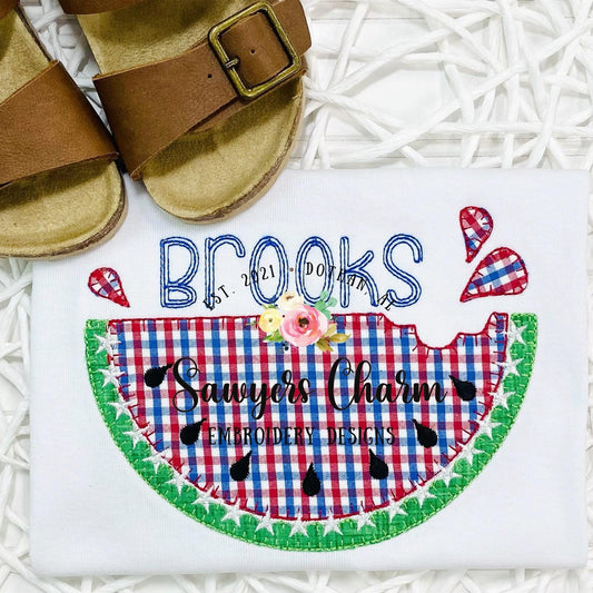 Watermelon blanket stitch summer, patriotic, Fourth of July, red white and blue stars, applique machine embroidery design file