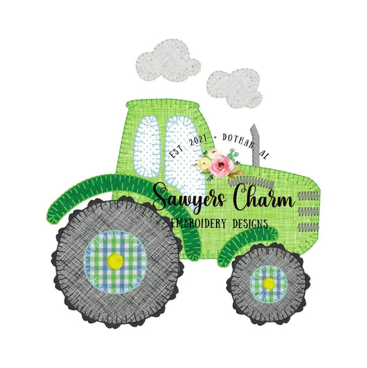 Blanket stitch tractor machine applique design embroidery file with and without clouds, vintage and satin stitch