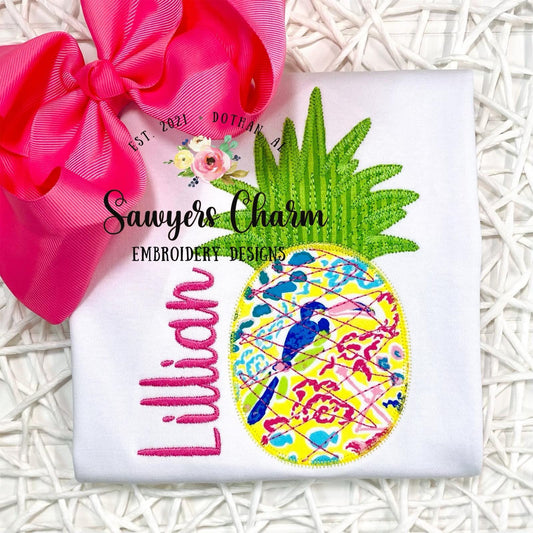 Pineapple summer fruit zig zag stitch machine applique embroidery design file, bean stitch details, Hawaiian
