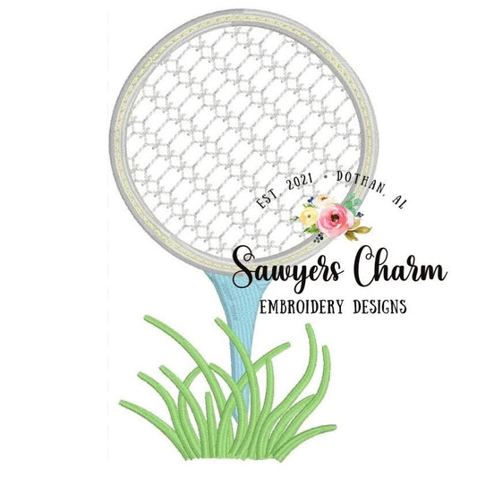 Golf ball tee with grass satin stitch machine embroidery applique design file, bean stitch, sketch motif style, sports