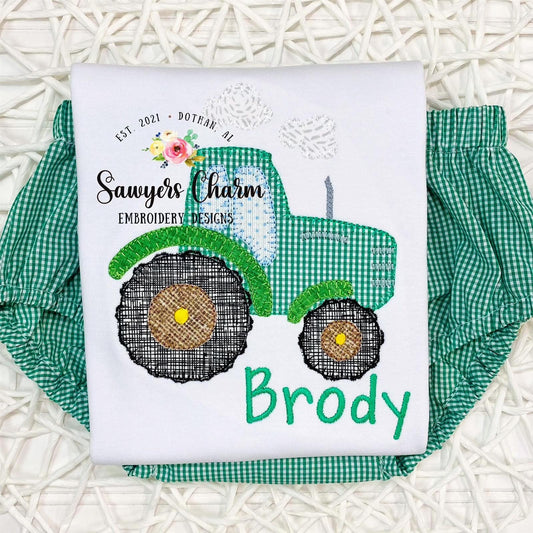 Blanket stitch tractor machine applique design embroidery file with and without clouds, vintage and satin stitch