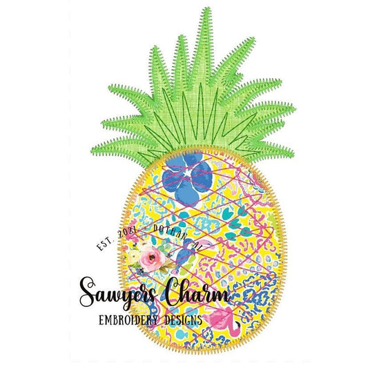 Pineapple summer fruit zig zag stitch machine applique embroidery design file, bean stitch details, Hawaiian