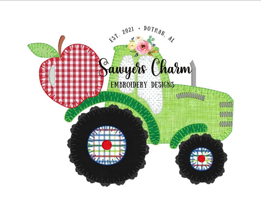 Back to school tractor with apple, machine applique design embroidery file, blanket stitch, quick stitch, vintage stitch, construction