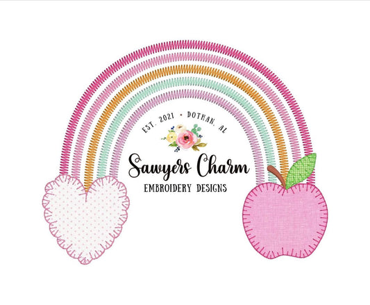Back to school apple rainbow zig zag, blanket stitch, vintage stitch applique machine embroidery design file