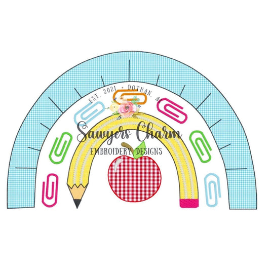 BUNDLE Back to school rainbow pencil, ruler, paper clips, apple/heart bean stitch machine applique design AND sketch stitch embroidery file