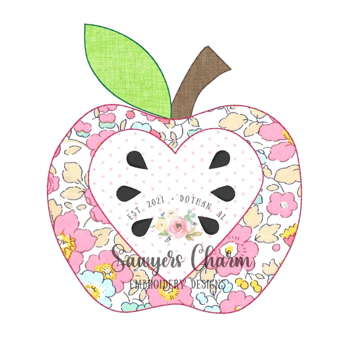 Back to school apple heart machine applique design embroidery file, blanket stitch AND bean stitch
