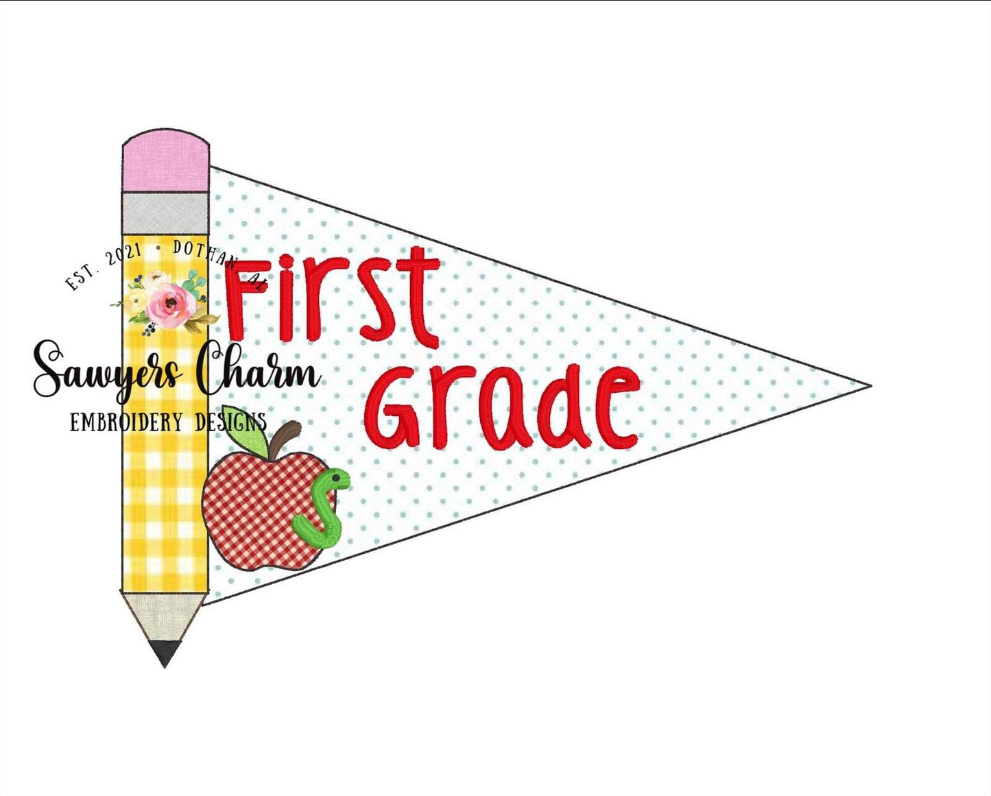 Back to school pennant with pencil and apple & worm bean stitch machine embroidery design file, bookworm, quick stitch, banner