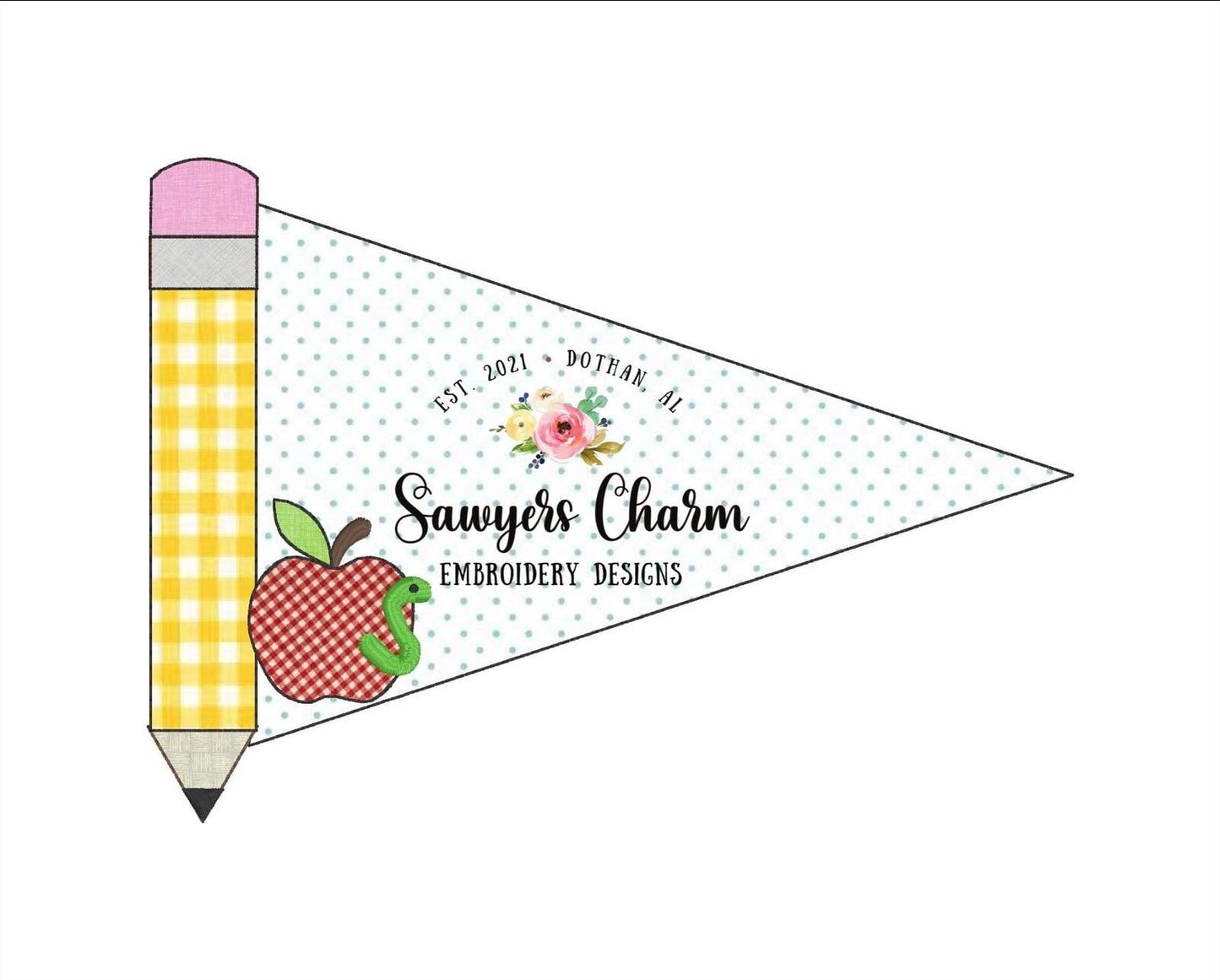 Back to school pennant with pencil and apple & worm bean stitch machine embroidery design file, bookworm, quick stitch, banner