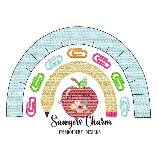 BUNDLE Back to school rainbow pencil, ruler, paper clips, apple/heart bean stitch machine applique design AND sketch stitch embroidery file