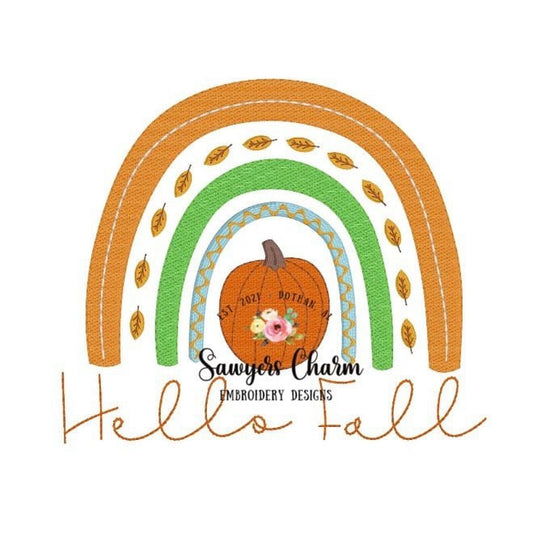 Fall/autumn boho pumpkin rainbow with leaves machine sketch fill design embroidery file, bean stitch, satin stitch, vintage stitch