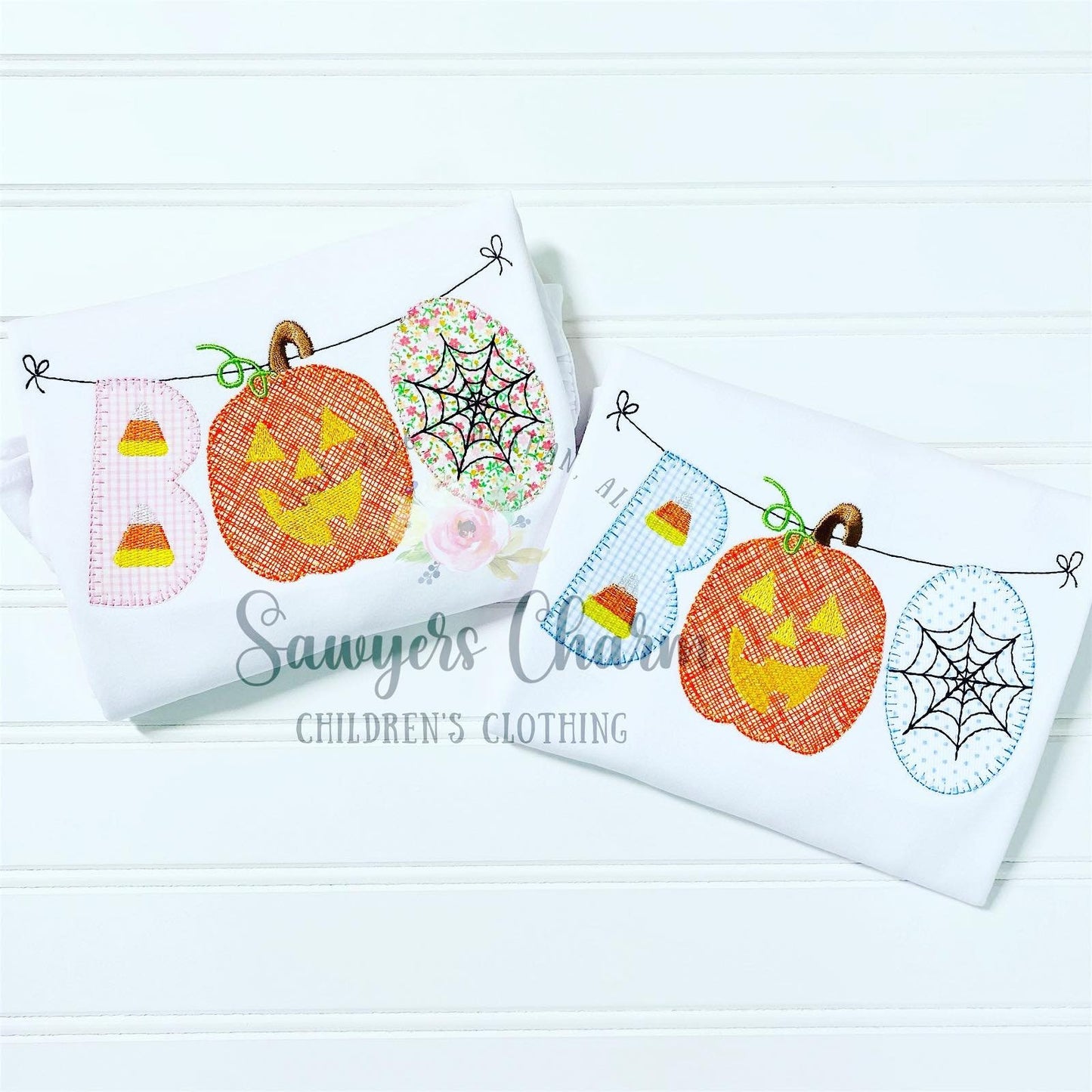 Halloween BOO jackolantern/candy corn/spider web spooky bunting banner blanket stitch machine applique embroidery design file, pumpkin patch