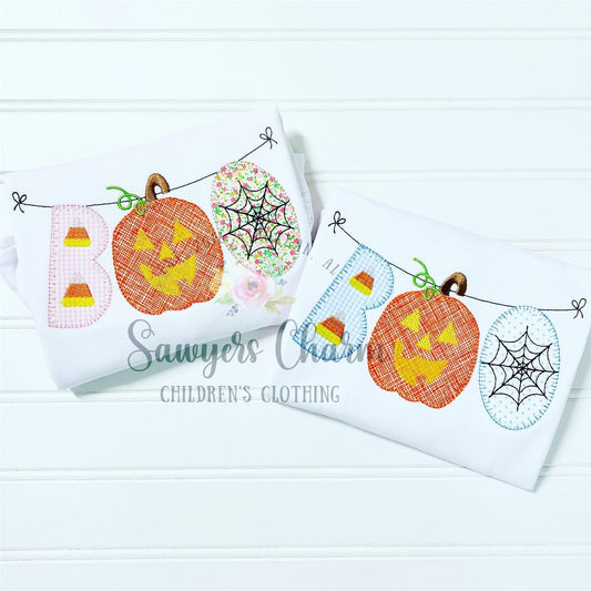 Halloween BOO jackolantern/candy corn/spider web spooky bunting banner blanket stitch machine applique embroidery design file, pumpkin patch